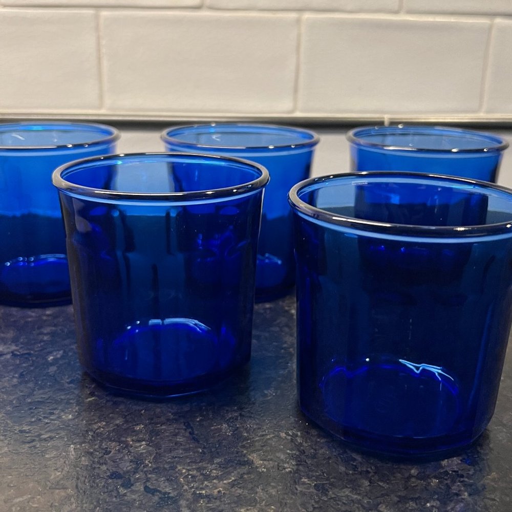 Vintage Short Arcoroc France Cobalt Blue Tumblers "Working Glasses" Set of 5
